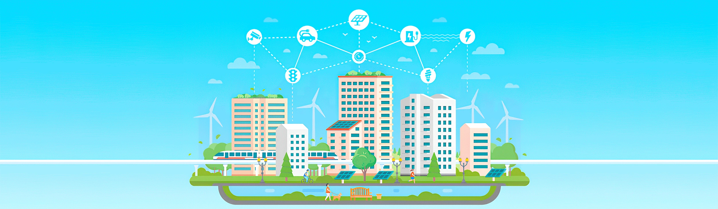Imagem decorativa de uma cidade sustentável exibindo prédios, energia eólica, energia solar, transporte público inteligente, áreas verdes preservadas, conectividade e harmonia entre os habitantes e o meio ambiente